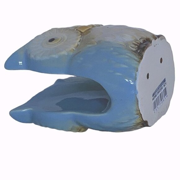 Owl Napkin Holder Ceramic Artisan Hand Painted Functional Counter Art Blue Tan - Picture 6 of 11